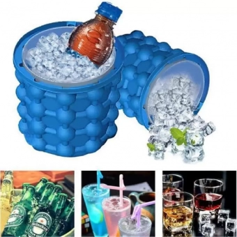 Ice Cube Maker Bucket Space Saving Silicone 2 in 1 Mould Container Blue Silicone Ice Cube Tray